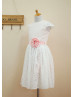 Cap Sleeves Ivory Lace Pink Lining Flower Girl Dress With Flower Sash